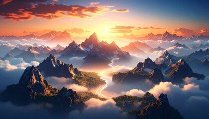 A surreal photo. Floating mountains, sea, clouds, illuminated sunset, glowing river running, air, ultra-realistic textures, cinematic lighting, unseen fantasy landscape, stock-ready, commercial use.