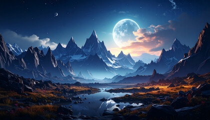 Hyper-detailed photo of translucent crystal mountains reflecting moonlight in a dreamlike alien valley, soft mist, never-before-seen concept, ideal for fantasy book covers or sci-fi campaigns.