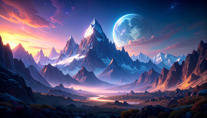 Hyper-detailed photo of translucent crystal mountains reflecting moonlight in a dreamlike alien valley, soft mist, never-before-seen concept, ideal for fantasy book covers or sci-fi campaigns.