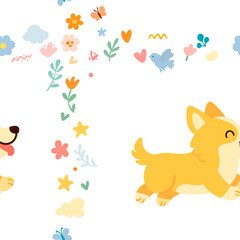 Seamless pattern with funny cartoon corgis dogs. Great for fabric, textile