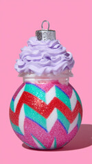 Whimsical christmas ornament dessert style lavender cake frosting pink red teal chevron glitter design pastel holiday decoration surreal concept pop art y2k aesthetic festive background creative ad