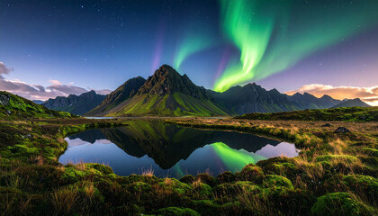 An ultra-realistic surreal landscape.Spiral-shaped mountains covered in bioluminescent moss, aurora sky, calm lake reflection, mystical atmosphere, unique nature concept not seen on any stock platform