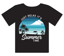 Black t shirt with a vibrant sunset beach scene featuring palm trees a lounge chair and umbrella with the text just relax its summer time