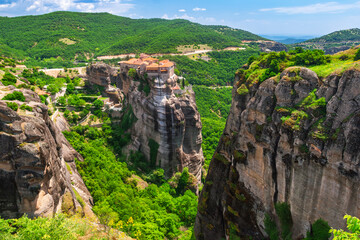 Ancient Greek monastery dramatically perched on cliffs in Meteora Greece