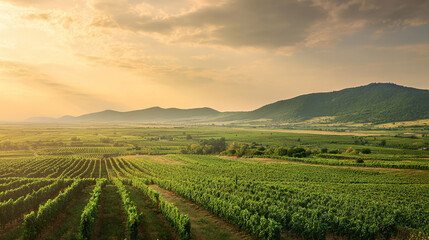 Panoramic view of a vineyard at sunset, with rolling hills and neat rows of grapevines in golden light.