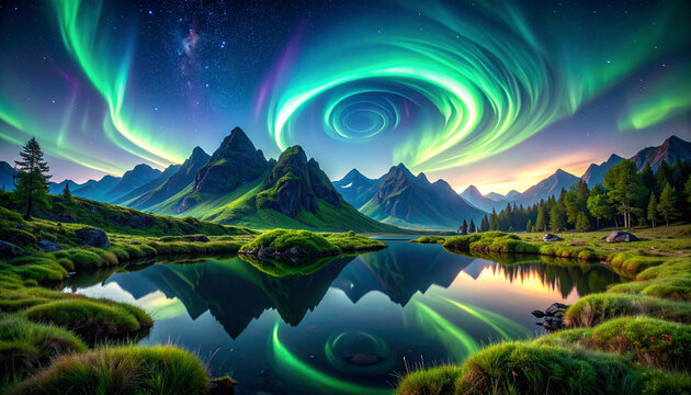 An ultra-realistic surreal landscape.Spiral-shaped mountains covered in bioluminescent moss, aurora sky, calm lake reflection, mystical atmosphere, unique nature concept not seen on any stock platform