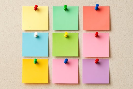 Collection of nine colorful empty sticky notes pinned to wall, this mockup is for brainstorming, reminders or creative project planning