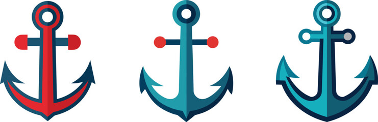Three stylized anchors in different shades of teal and red on white