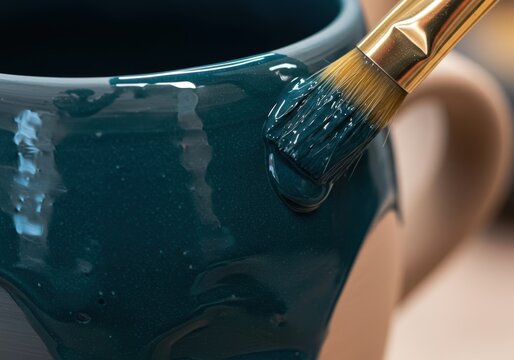 A brush applying a colorful glaze to a ceramic mug