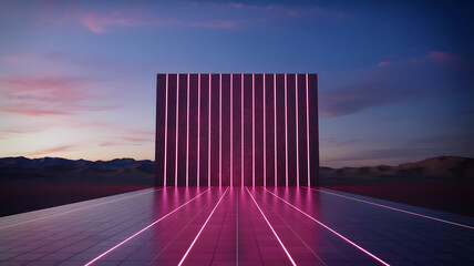 Futuristic gateway with glowing pink neon lines in surreal desert at twilight