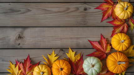 Autumn pumpkins and colorful maple leaves on rustic wooden background