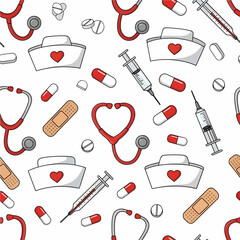 A seamless pattern of cartoon medical supplies, including stethoscopes, nurse caps, syringes, and pills, illustrates a healthcare and nursing theme. Vector Patterns