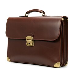 men's leather briefcase handcrafted in thailand, brass hardware and durable build, soft shadow, isolated on white background