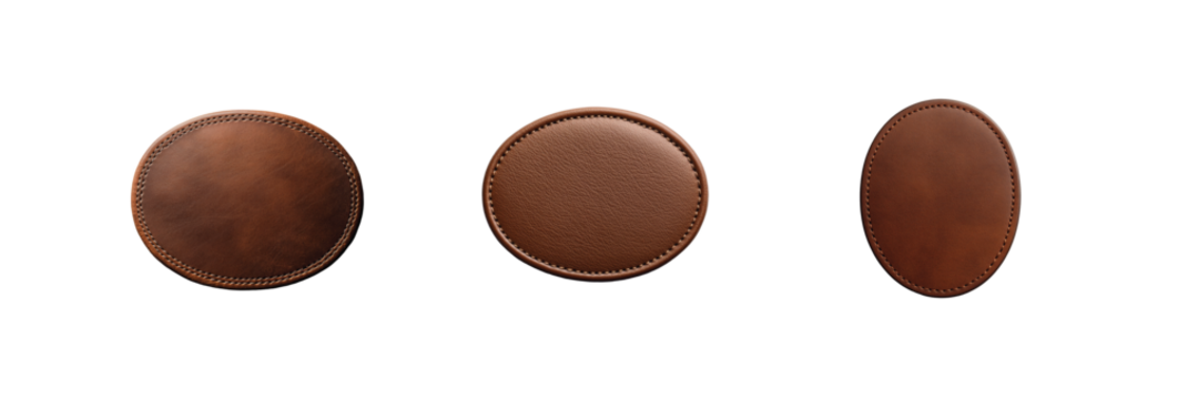 Three round brown leather coasters displayed in upside right and tilted views