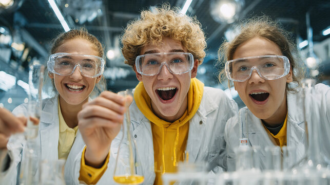 Thrilled students in lab coats and safety glasses enjoy a science experiment in their science class.
