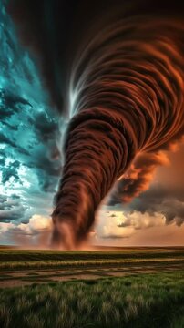 Une tornade intense et spectaculaire se formant sur une plaine verdoyante, ciel sombre avec nuages ​​d'orage et coucher de soleil.