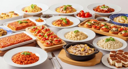 Abundant Italian Culinary Spread Showcasing a Diverse Assortment of Classic Pasta Dishes, Savory Appetizers, Creamy Risotto, and Delectable Desserts for a Grand Feast Concept