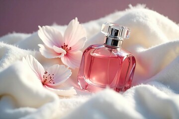 Luxurious Perfume Bottle Close-Up Fresh Floral Fragrance on Soft White Fabric, Clean and Intoxicating Scent, Elegant Beauty Product Photography