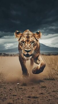 Une lionne courant &agrave; toute vitesse dans la savane africaine, vue de face, ciel sombre et nuageux annon&ccedil;ant un orage.