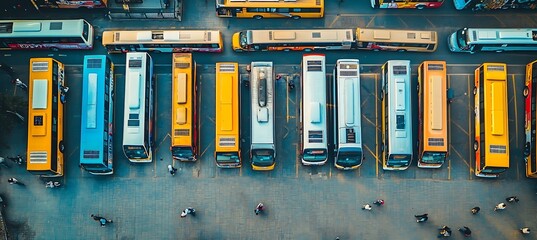 Multiple buses parked in neat rows at a busy urban bus terminal with platforms