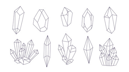 Mystical crystals, minerals, and hand-drawn jewels. A set of linear clip arts and coloring pages