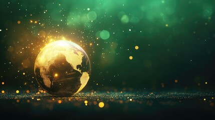 Luminous golden globe resembling Earth sits on sparkling surface, against dark green bokeh background. Ideal for global themes, environmental concepts