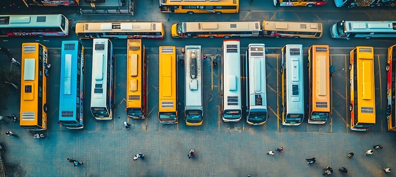 Multiple buses parked in neat rows at a busy urban bus terminal with platforms