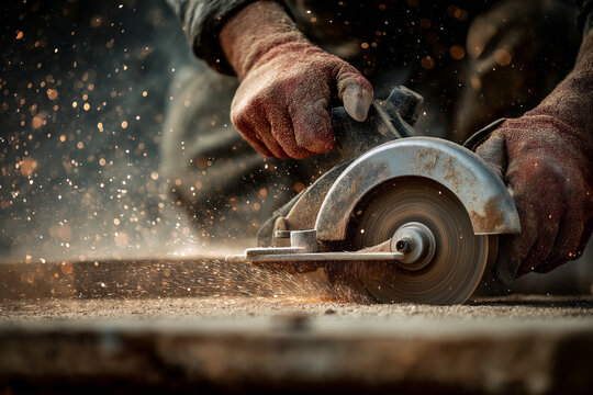 Builder using a circular saw to cut through wood, sparks and motion captured, dramatic action.
