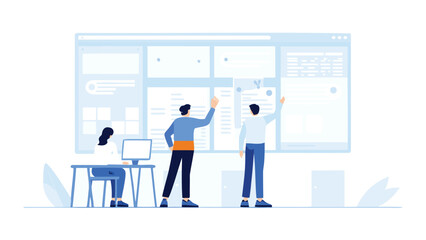 Team collaboration on project management board with woman at computer and two men pointing at tasks