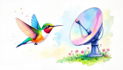 Watercolor art shows a vibrant hummingbird in flight near a large satellite dish surrounded by flowers, creating a contrast between the natural world and modern media.