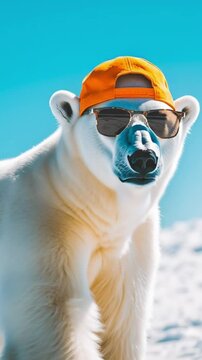 Un ours polaire portant des lunettes de soleil et une casquette orange marchant dans la neige en Antarctique, ciel bleu, chaleur accablante, concept humoristique du r&eacute;chauffement climatique.