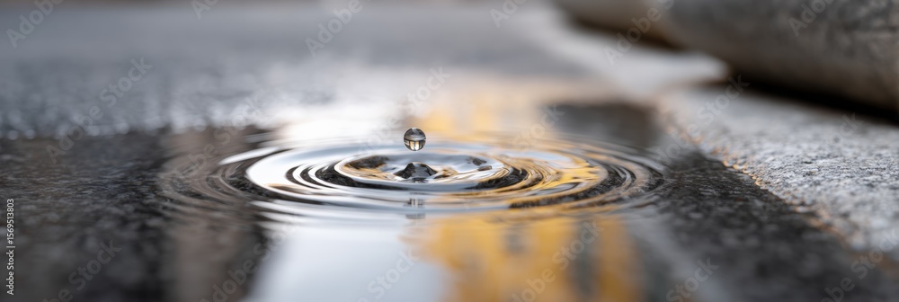 Poster close up view capturing a single water drop plunging into a puddle, generating perfect concentric ri