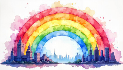 A bright watercolor rainbow spans over a skyline of city buildings creating an inspiring hope-filled backdrop, symbolizing peace and inclusivity, with copy space.