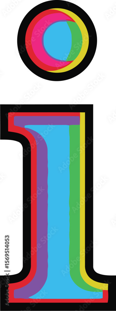 Poster a colorful lowercase i with a circle on top against a white background