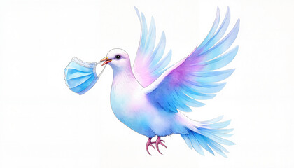 Fototapeta premium Watercolor rendering of a dove carrying a blue surgical mask in its beak, symbolizing peace after the pandemic, against a clear white background and shown with copy space.