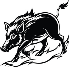Fototapeta premium Aggressive wild boar running with sharp mane and tail silhouette