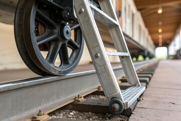 Close-up of a Rolling Wheel on Railway Tracks with a Ladder Nearby