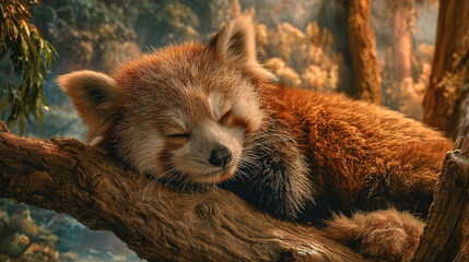 A sleepy red panda rests on a tree branch, enjoying a peaceful nap in its natural habitat.