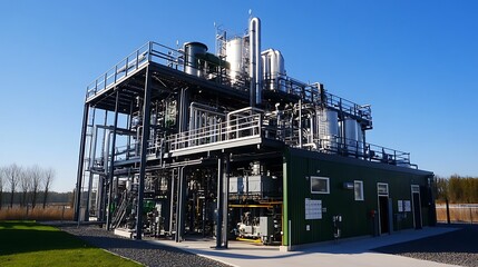 Obraz premium Chemical plant featuring intricate piping systems under a bright, clear industrial sky