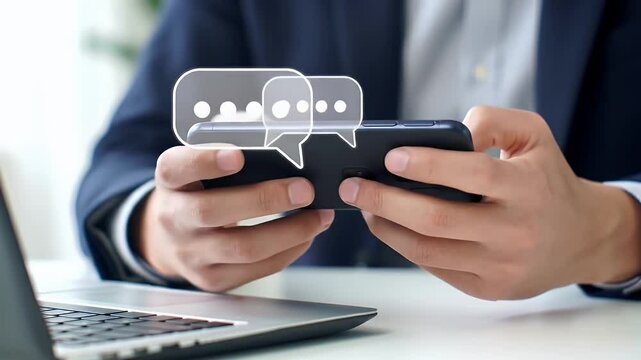 Man in Suit Using Smartphone with Chat Bubbles Illustration on White Desk in Bright Indoor Office Setting with Laptop