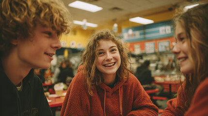 A joyful group of teenagers share smiles and laughter during a fun gathering indoors.
