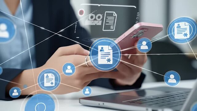 Close Up of Hands Using Smartphone with Digital Overlay on White Table Next to Laptop for Business and Communication in Modern Style