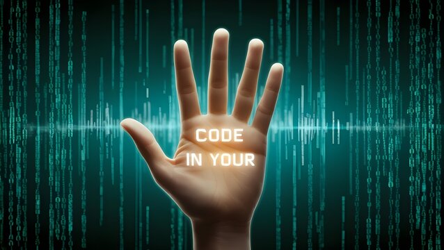 Code in Your Hand – CODE glowing above open palm in matrix theme - Powered by Adobe