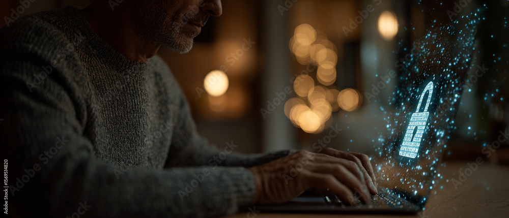 Poster man working on laptop with digital padlock overlay for cyber security