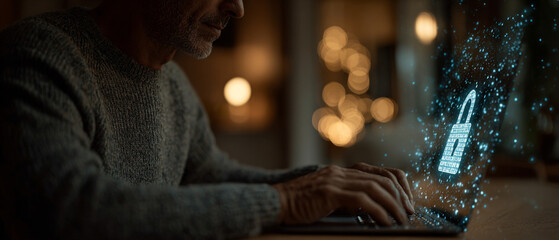 Man working on laptop with digital padlock overlay for cyber security