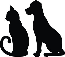 Obraz premium Silhouette of a Cat and Dog Sitting Together - Vector Illustration of Two Pets
