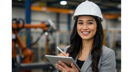 Smiling engineer in hardhat using tablet at factory, modern industrial setting