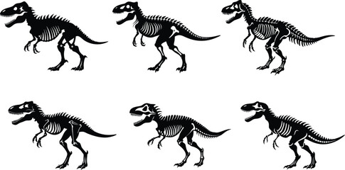 Silhouetted Tyrannosaurus Rex Fossil Replicas Clustered in a Paleontological Display