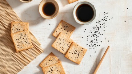 Amaranth crackers styled with ink-like soy brushstrokes and ceramic props on handmade paper. Painterly, natural, minimalist food flat lay.