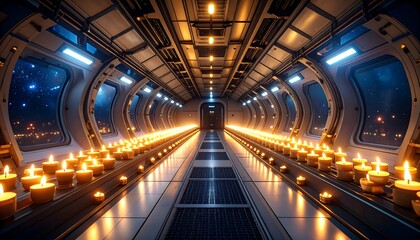 Futuristic Corridor Glowing with Warm Light From Candles on Metallic Interior